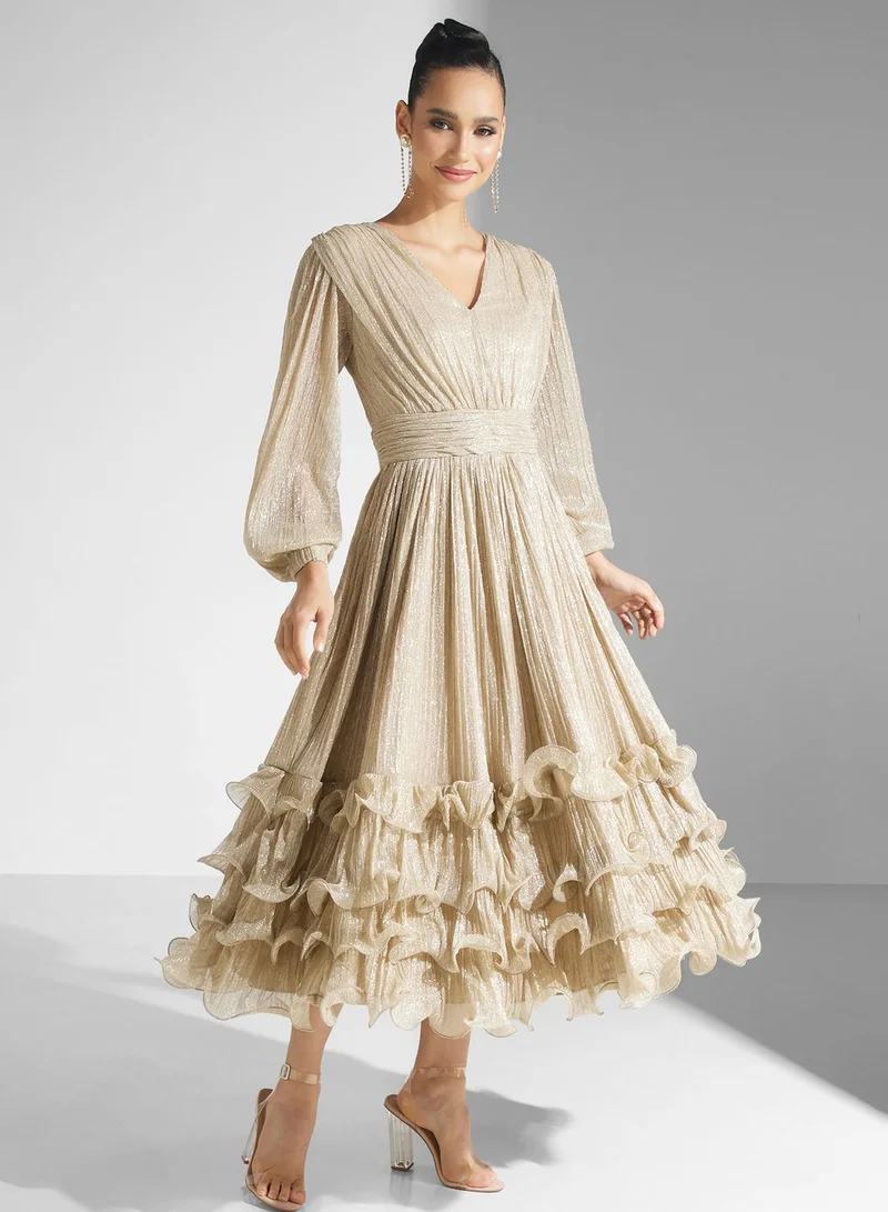 Golden Apple Ruffle Mesh Puff Sleeve Dress