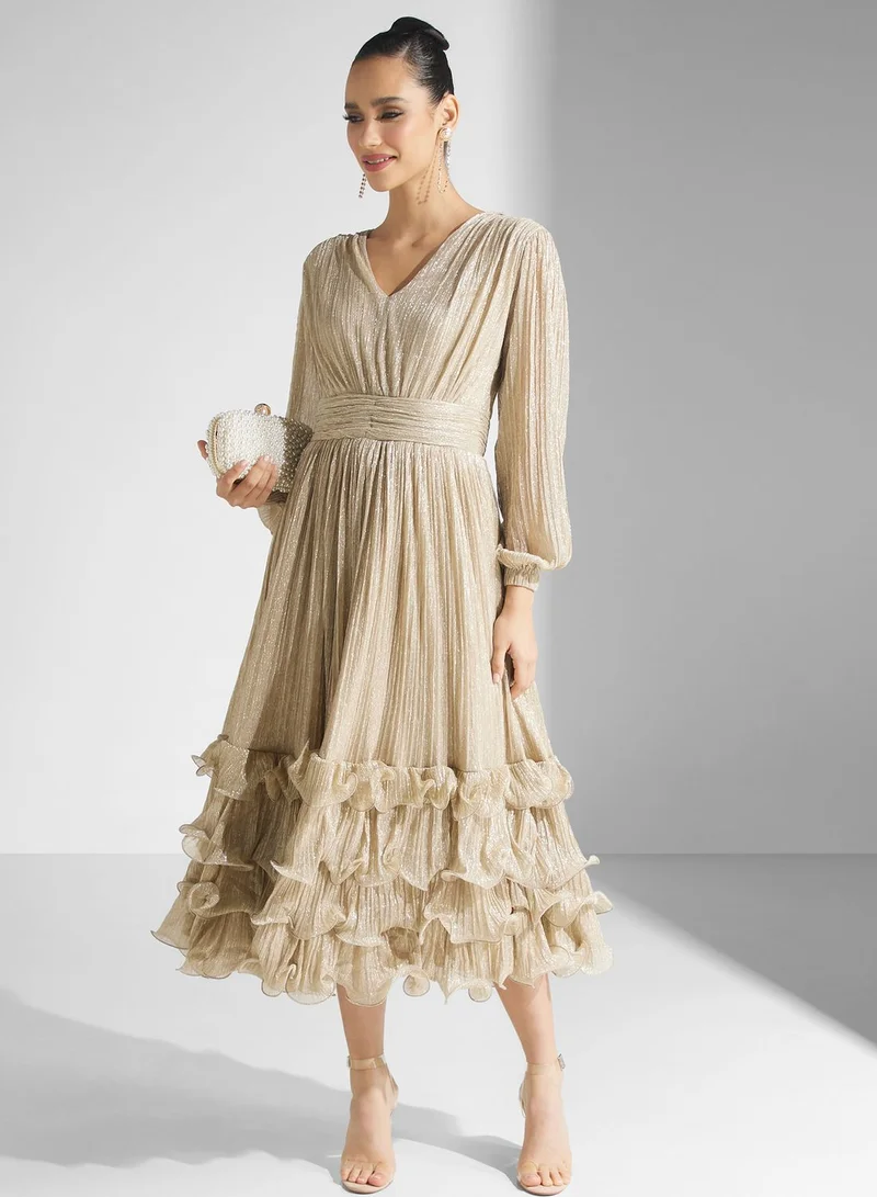 Golden Apple Ruffle Mesh Puff Sleeve Dress