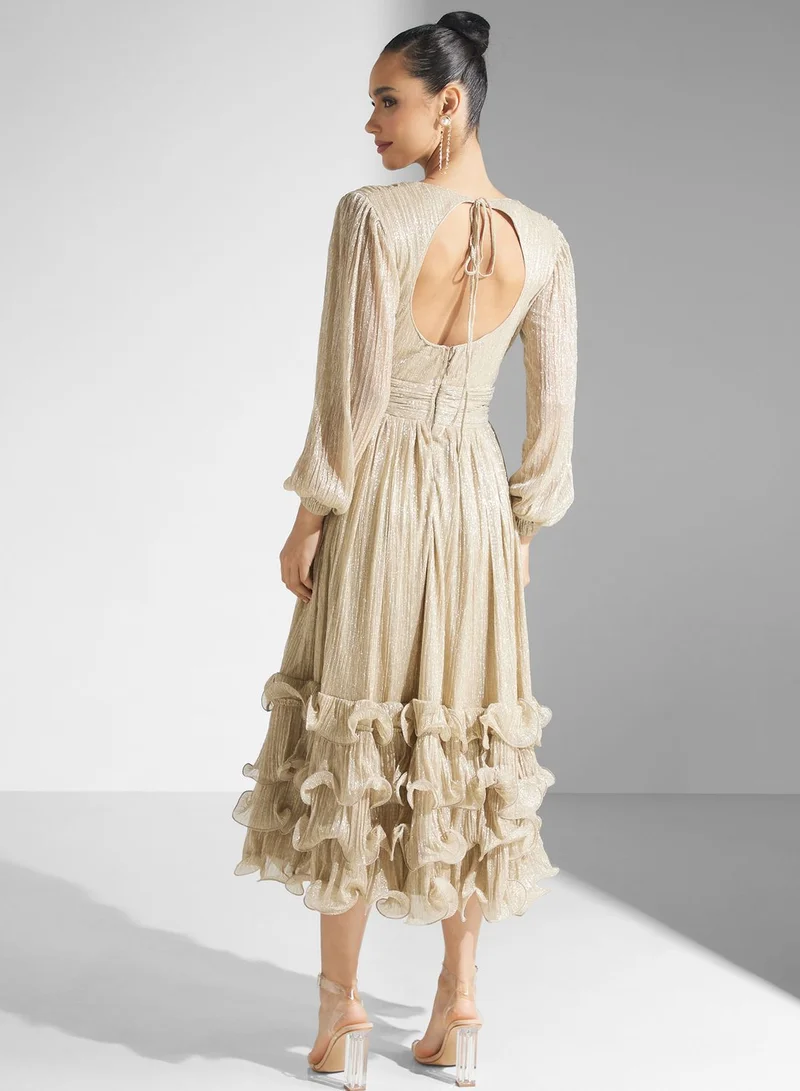 Golden Apple Ruffle Mesh Puff Sleeve Dress