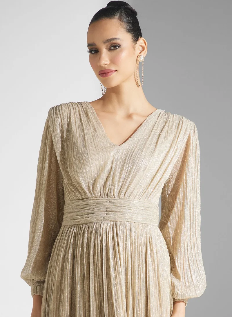 Golden Apple Ruffle Mesh Puff Sleeve Dress