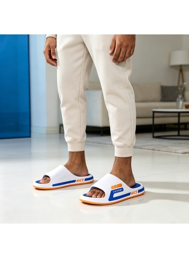 Aethvive Men Trendy Color Block EVA Slide Slippers, Non Slip Thick Sole Waterproof Bath Slides, Soft Lightweight Couple Casual Sandals For Home Shower Beach Outdoor Daily Wear White Blue Orange - Image 5
