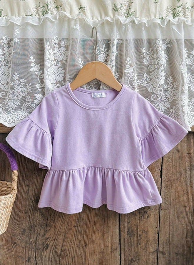 Loquat Girl's Flared Short Sleeve Crew Neck T-Shirt Cotton Ruffled Tees Purple 