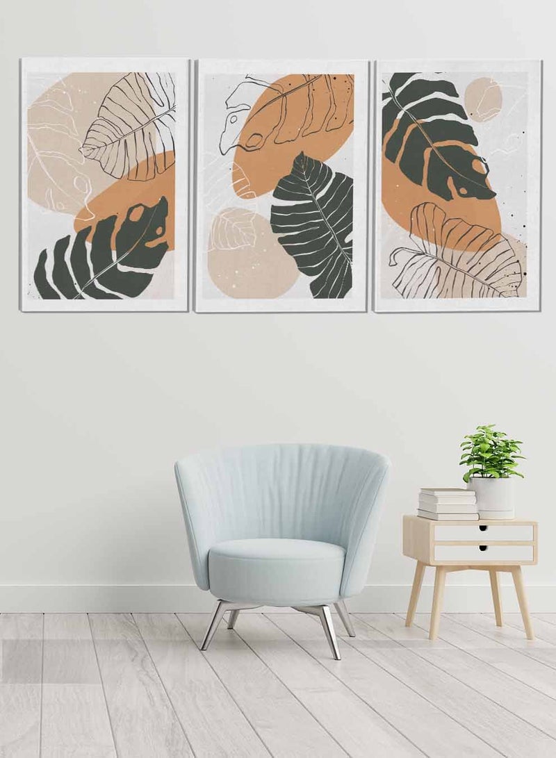 لوحة طقم من ٣ لوحات كانفاس على إطار خشبي تصميم أوراق أشجار للمنزل غرفة المعيشة المكتب الديكور - Image 1