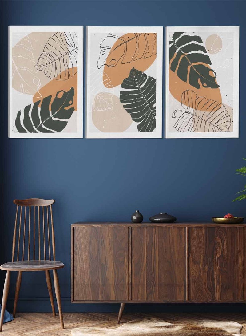 لوحة طقم من ٣ لوحات كانفاس على إطار خشبي تصميم أوراق أشجار للمنزل غرفة المعيشة المكتب الديكور - Image 2