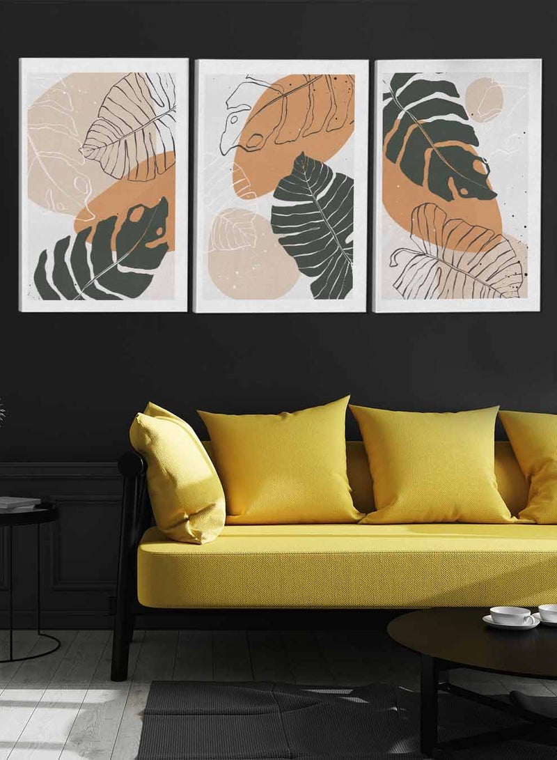 لوحة طقم من ٣ لوحات كانفاس على إطار خشبي تصميم أوراق أشجار للمنزل غرفة المعيشة المكتب الديكور - Image 3