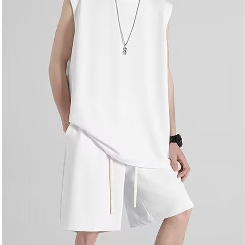 Artistic Vest Sleeveless Trendy Japanese Style Pants Casual suit Summer Fashion Mens New Simple Lazy White  - Image 1