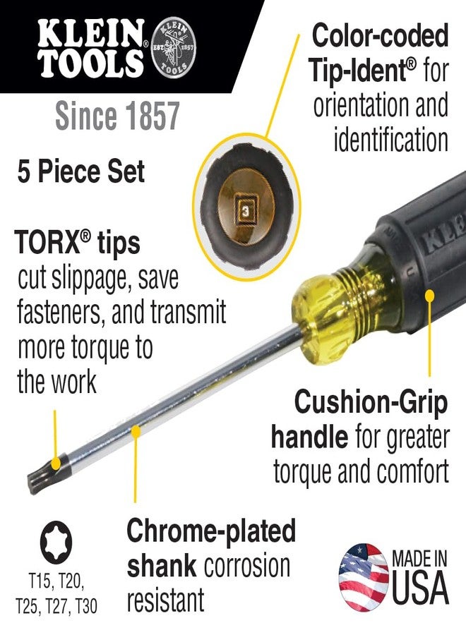 كلاين تولز مجموعة مفكات براغي TORX Cushion Grip 19555 من Klein Tools، صُنعت في الولايات المتحدة الأمريكية، بأحجام رؤوس T15 وT20 وT25 وT27 وT30، مكونة من 5 قطع - Image 2