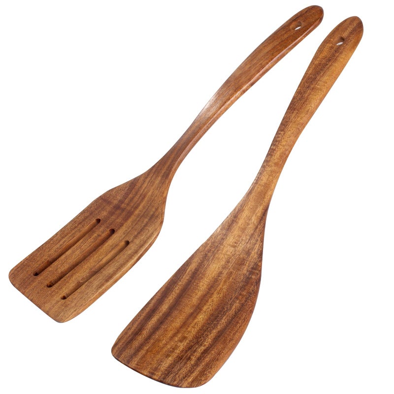2 Pack Wooden Spatula Acacia Wood Long Handle Flat Frying Turner Handmade wooden spoons for cooking Kitchen Utensil set NonStick Cooking Spurtle Utensils for kitchen use