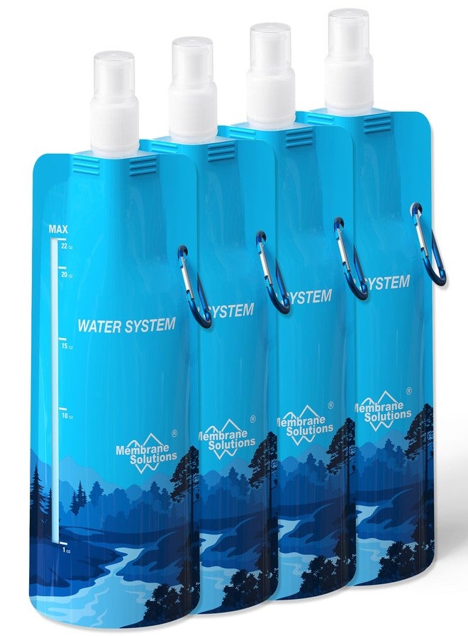 Membrane Solutions 23oz Collapsible Water Bottle for Water Filter Straw, Reusable Water Pouch with Carabiner and Measurement, Foldable Water Container Bag for Hiking Camping Travel Emergency - 4 Pack - Image 1