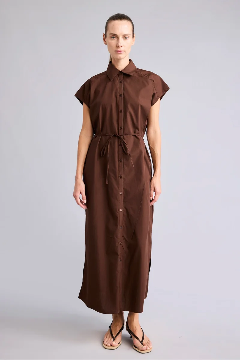 Shirt Collar Poplin Batwing Sleeve Belted Maxi Dress
