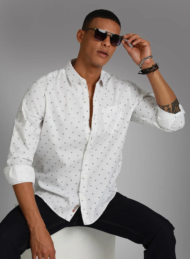 HIGH STAR Regular Fit White Micro Ditsy Printed Shirt for Men