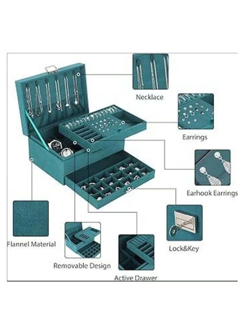 Shein Luxury Velvet Jewelry & Makeup Organizer Box – 3-Layer Jewelry Storage Case with Drawer & Lock for Necklaces, Rings, Bracelets & Watches – Elegant Women’s Organizer (Green) - Image 1