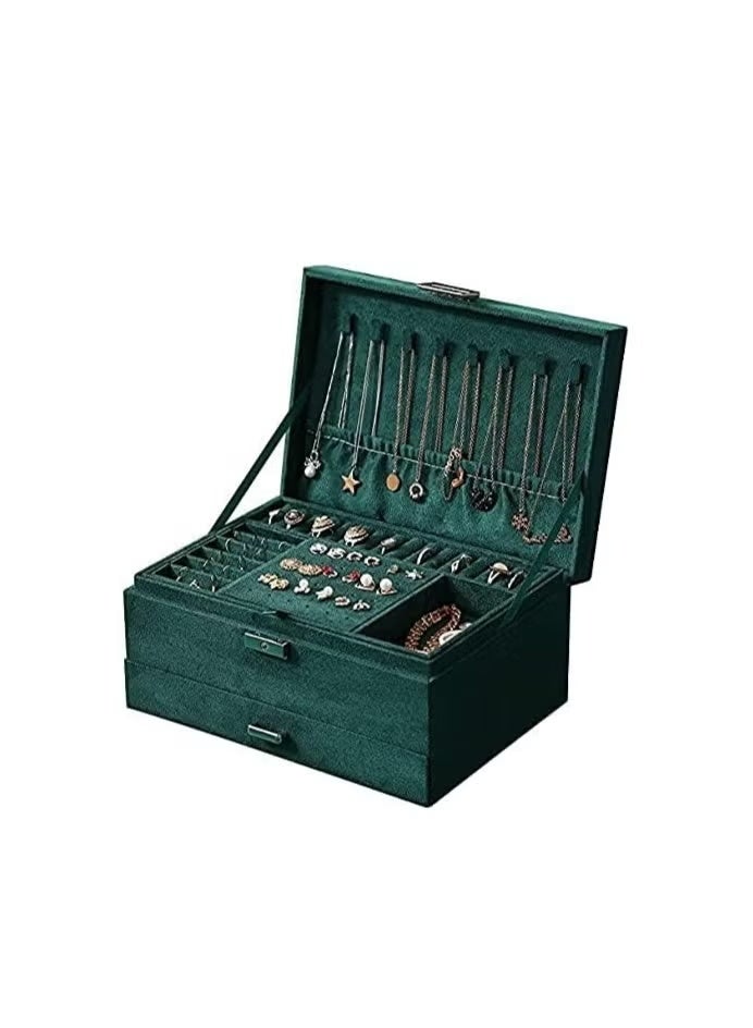 Shein Luxury Velvet Jewelry & Makeup Organizer Box – 3-Layer Jewelry Storage Case with Drawer & Lock for Necklaces, Rings, Bracelets & Watches – Elegant Women’s Organizer (Green) - Image 2