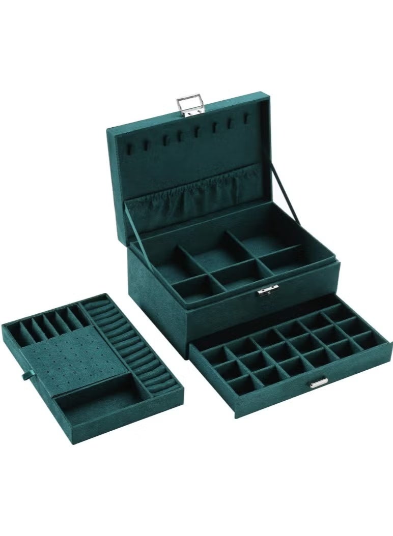 Shein Luxury Velvet Jewelry & Makeup Organizer Box – 3-Layer Jewelry Storage Case with Drawer & Lock for Necklaces, Rings, Bracelets & Watches – Elegant Women’s Organizer (Green) - Image 3
