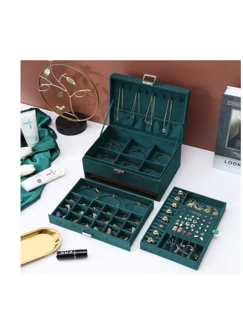 Shein Luxury Velvet Jewelry & Makeup Organizer Box – 3-Layer Jewelry Storage Case with Drawer & Lock for Necklaces, Rings, Bracelets & Watches – Elegant Women’s Organizer (Green) - Image 4