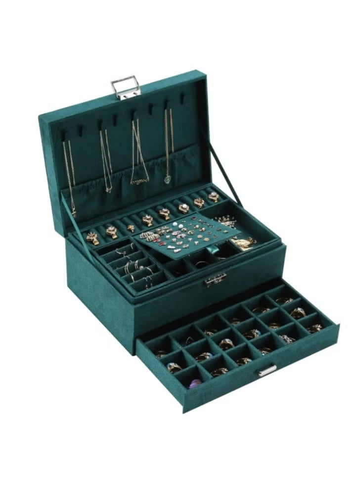 Shein Luxury Velvet Jewelry & Makeup Organizer Box – 3-Layer Jewelry Storage Case with Drawer & Lock for Necklaces, Rings, Bracelets & Watches – Elegant Women’s Organizer (Green) - Image 5
