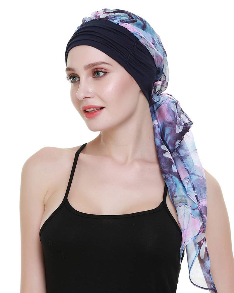 FocusCare Chemo Turbans for Cancer Patients Headwrap Scarves Alopecia Women Headwear Navy Pink - Image 1