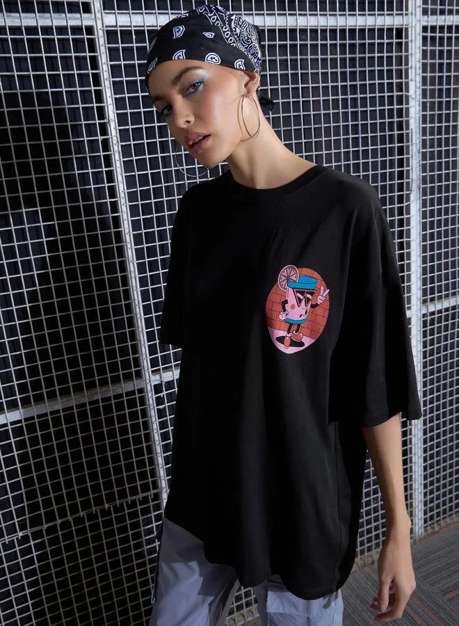 SASSAFRAS Oversized Cartoon Print Drop Shoulder T-Shirt by Styli