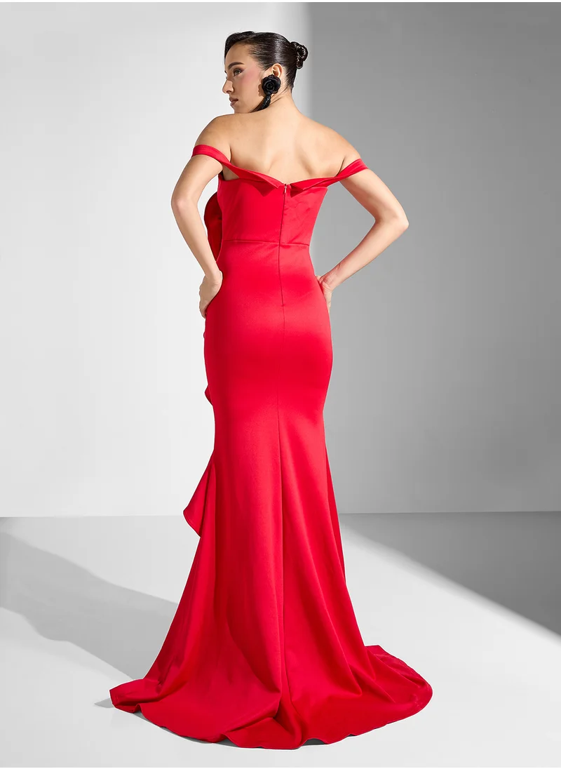 جينجر بوتيك Off Shoulder Sweetheart Neckline Ruffle Drape Mermaid Dress