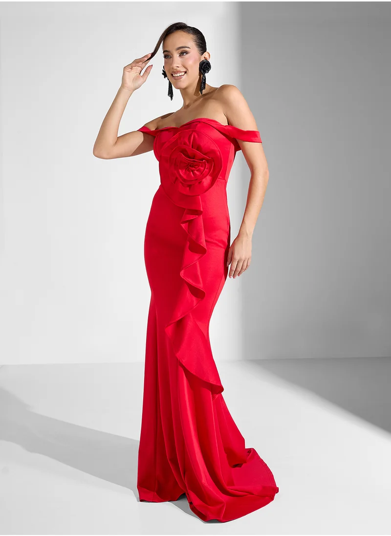 جينجر بوتيك Off Shoulder Sweetheart Neckline Ruffle Drape Mermaid Dress