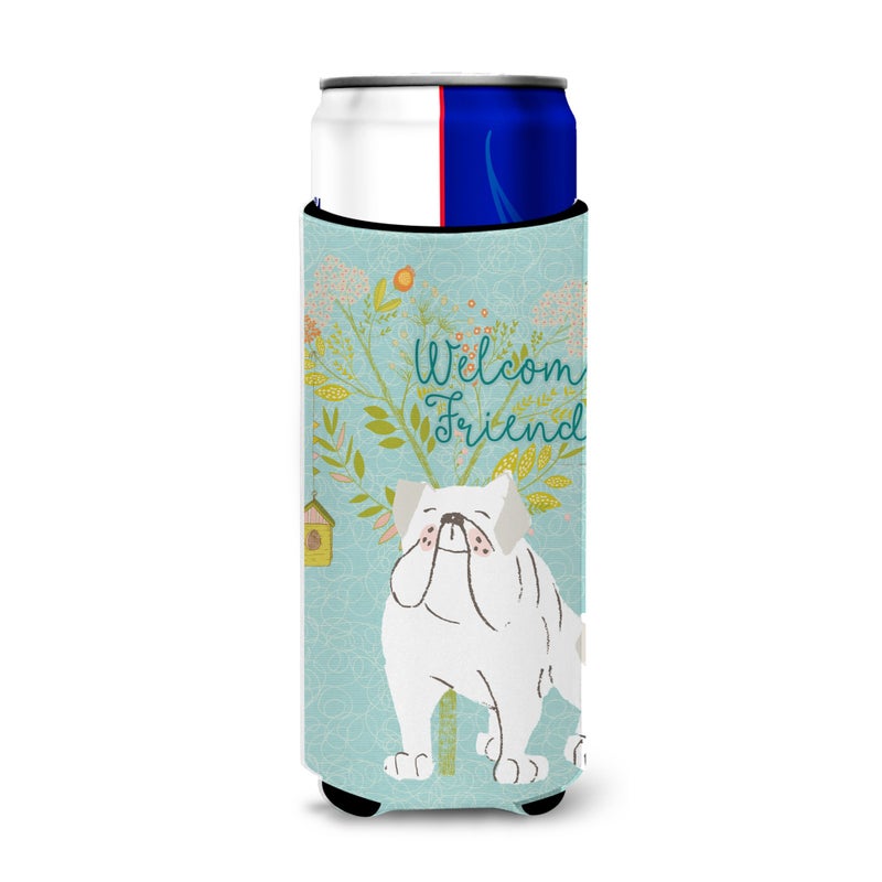 Caroline's Treasures ""Caroline's Treasures Welcome Friends English Bulldog White Decorative Can Hugger  Multicolor"" 