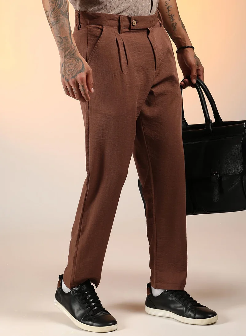 Men's Chesnut Brown Slim-Fit Pleated Trousers