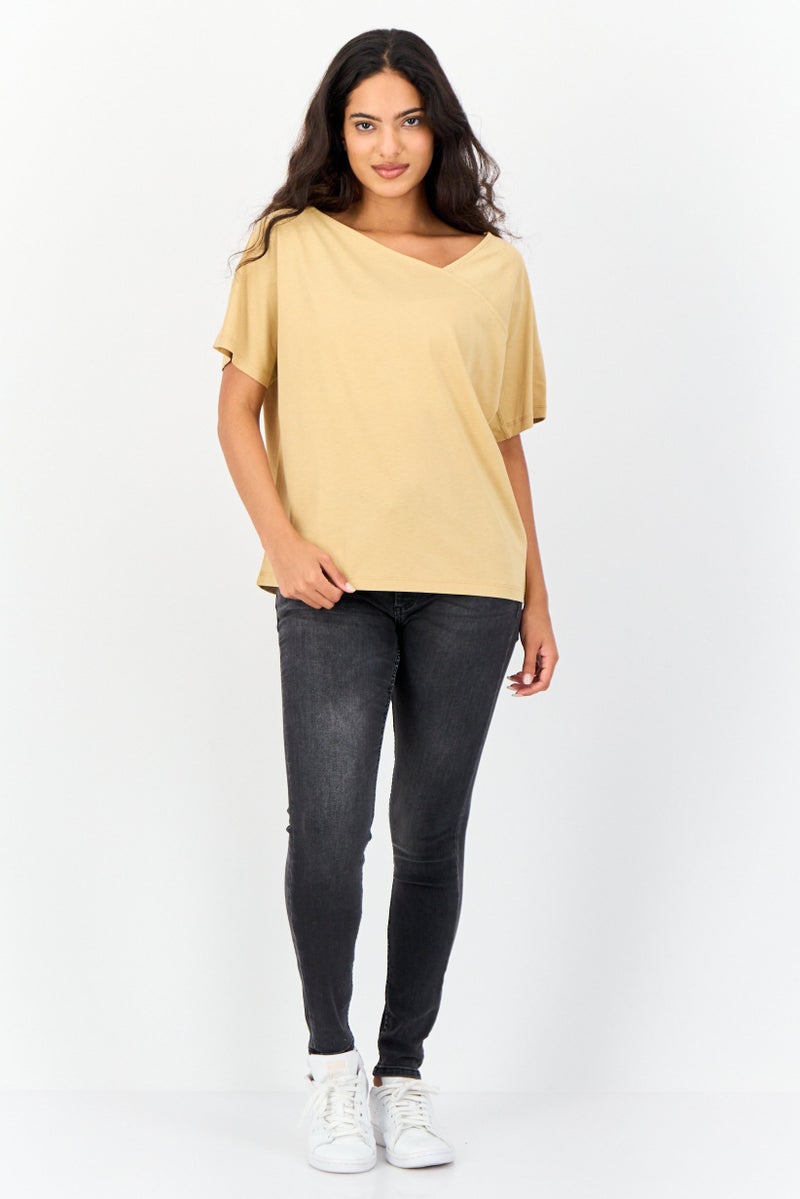 GIORDANO Women Asymmetrical Neckline Short Sleeves Plain Top, Khaki - Image 4