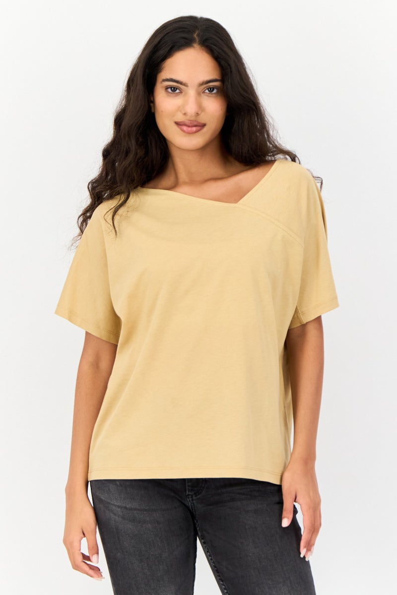 GIORDANO Women Asymmetrical Neckline Short Sleeves Plain Top, Khaki - Image 1