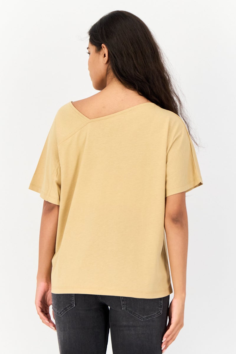 GIORDANO Women Asymmetrical Neckline Short Sleeves Plain Top, Khaki - Image 2