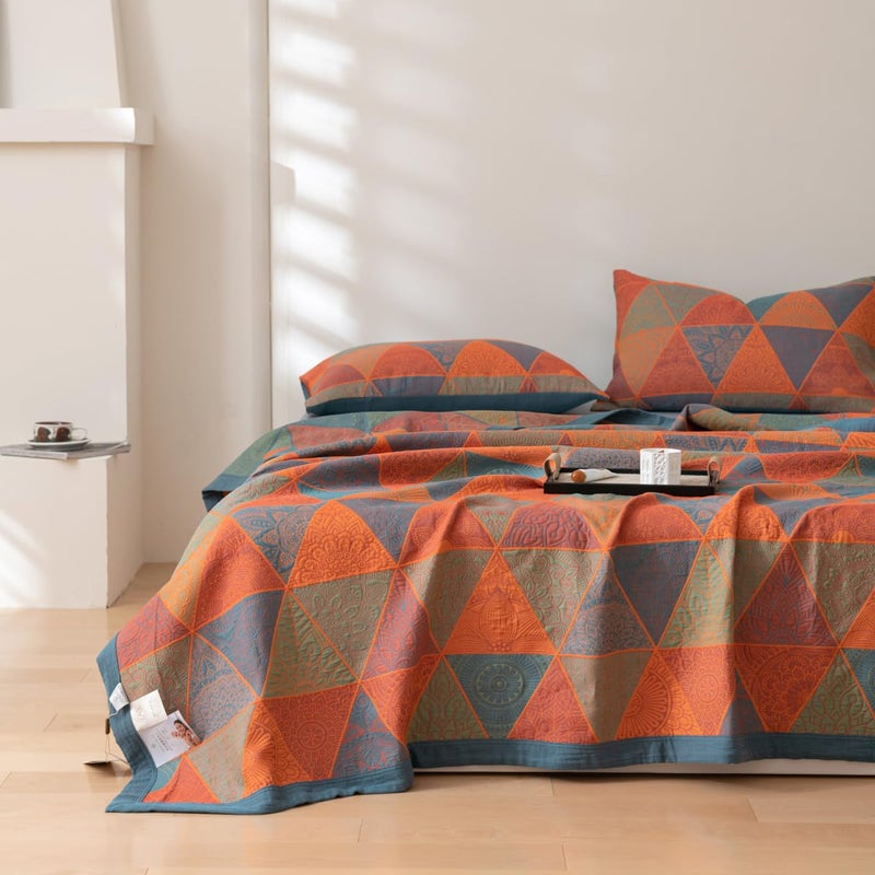 Purefair 100% Cotton Muslin Blanket Jacquard Bohomian Mandala Triangle Print Quilt, Soft Bed Cover Reversible Bedspread Coverlet Breathable Lightweight Bedding Full/Queen(78"x94"), No Pillow Sham - Image 1
