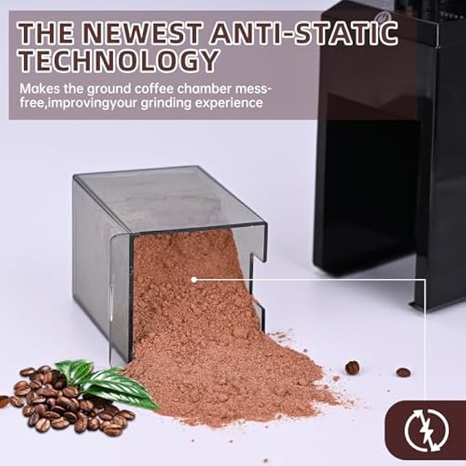 ريحني مطحنة القهوة على شكل بر، مطحنة قهوة كهربائية مخروطية، قابلة للتعديل الأوتوماتيكي ب OneTouch مع إعداد دقيق للطحن 28، مطحنة قهوة إسبريسو من الفولاذ المقاوم للصدأ 110 جرام قهوة سوداء مطحونة - Image 5