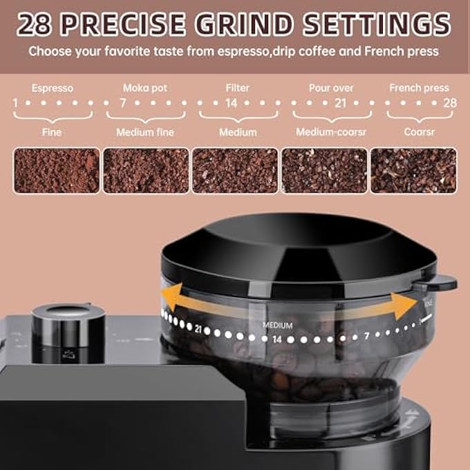 ريحني مطحنة القهوة على شكل بر، مطحنة قهوة كهربائية مخروطية، قابلة للتعديل الأوتوماتيكي ب OneTouch مع إعداد دقيق للطحن 28، مطحنة قهوة إسبريسو من الفولاذ المقاوم للصدأ 110 جرام قهوة سوداء مطحونة - Image 2