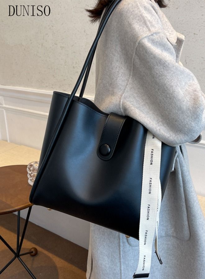 DUNISO Women's Shoulder Tote Bag Leather Handbag For Women Retro Large Capacity Messenger Fashionable Travel Hand Bag（Black）  - Image 2