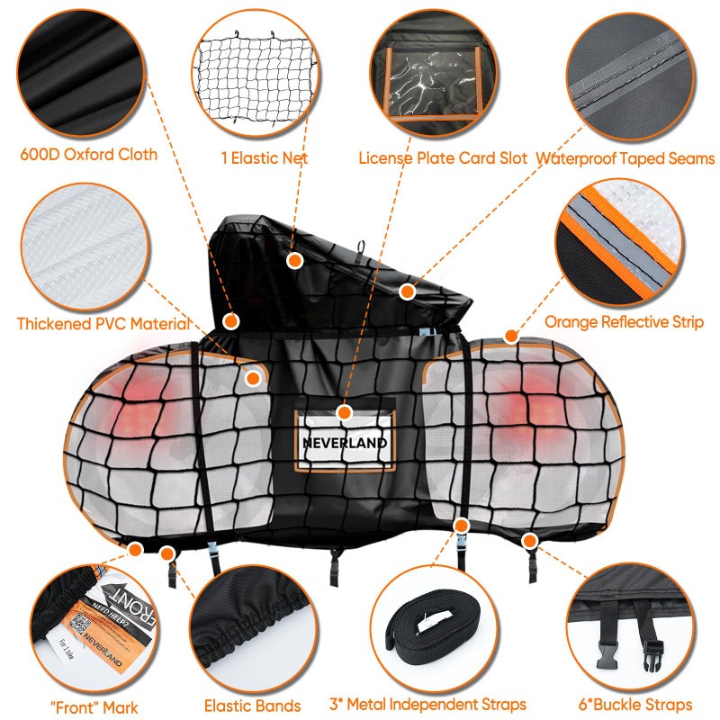 NEVERLAND Bike Cover for Transport on Rack - Heavy Duty 600D Bike Rack Cover for 2 Bikes, Bicycle Cover Outdoor Waterproof on Rear Bike Rack with Clear PVC Panels and Stretch Net - Image 4