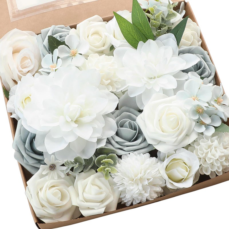 Floroom Powder Blue Ivory Artificial Flowers Fake Roses Dahlias and Greenery Combo Box Set for DIY Wedding Bouquets Bridal Shower Centerpieces Floral Arrangements Party Tables Home Decorations - Image 1