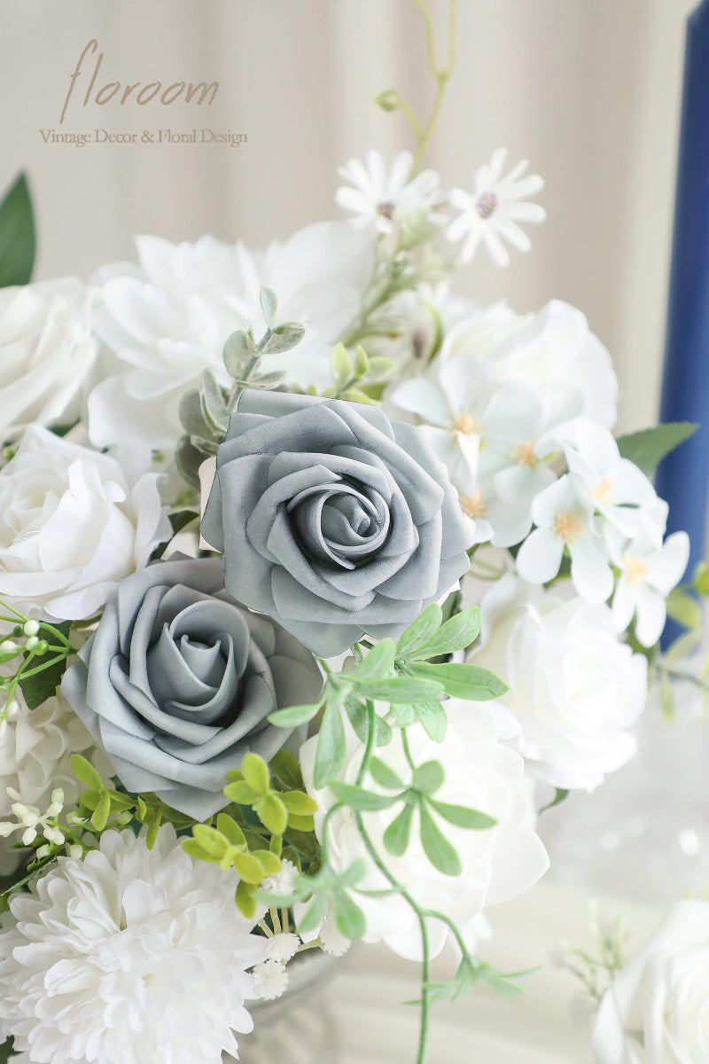 Floroom Powder Blue Ivory Artificial Flowers Fake Roses Dahlias and Greenery Combo Box Set for DIY Wedding Bouquets Bridal Shower Centerpieces Floral Arrangements Party Tables Home Decorations - Image 4