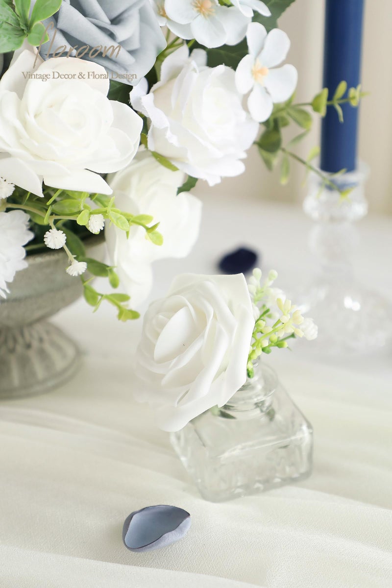 Floroom Powder Blue Ivory Artificial Flowers Fake Roses Dahlias and Greenery Combo Box Set for DIY Wedding Bouquets Bridal Shower Centerpieces Floral Arrangements Party Tables Home Decorations - Image 5