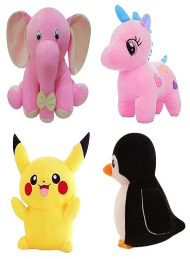 Future Shop Pack of 4 Elegant Soft Animals Stuffed Plush Fur Soft Toys Combo Set for Kids/Childrens/Boys/Girls Playing Birthday Gift Elephant,Unicorn,Pikacahu,Penguine - Image 1