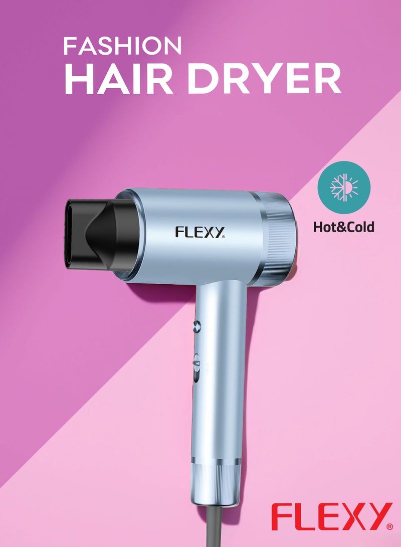 FLEXY FASHION 2000W Hair Dryer - Quick Drying, Low Noise, 3 Temp & 2 Speed Settings, Hot/Cold, Cool Shot, Professional Diffuser, Styling Nozzles - Image 2