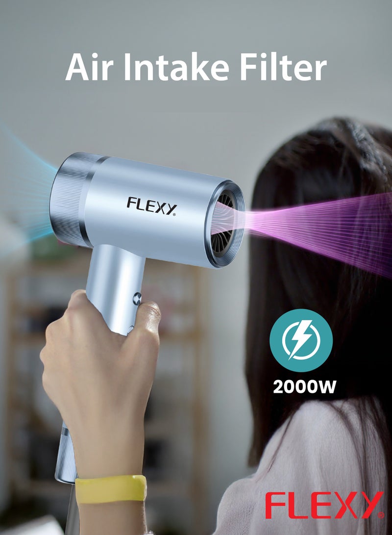 FLEXY FASHION 2000W Hair Dryer - Quick Drying, Low Noise, 3 Temp & 2 Speed Settings, Hot/Cold, Cool Shot, Professional Diffuser, Styling Nozzles - Image 5