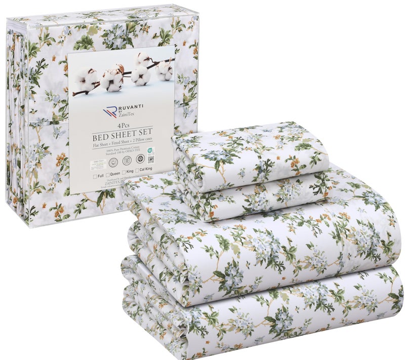RUVANTI 100% Cotton Sheets Queen Size Set, 4 Pieces, Soft & Breathable Percale Weave Bedding, Deep Pocket 16", Hotel Standard, Crisp Cool Feeling, Durable, Perfect Floral Bed Sheet, Heritage - Image 1