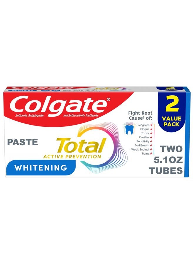 Colgate Total Whitening Toothpaste, 5.1 oz, 2 Pack, Fluoride Antibacterial Paste for Plaque, Gingivitis, Sensitivity, Stain Removal, Clinically Proven, Mint, Stannous Fluoride