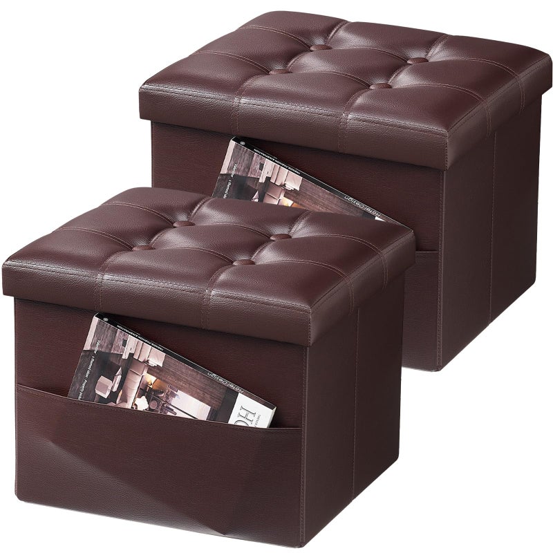 AmasSmile 2PC Storage Ottoman Folding Foot Rest Stool with Side Pocket, 16 inch Leather Footstool Bench, Short Ottoman Bench, Storage Foot Rest Store, Books, Brown - Image 1
