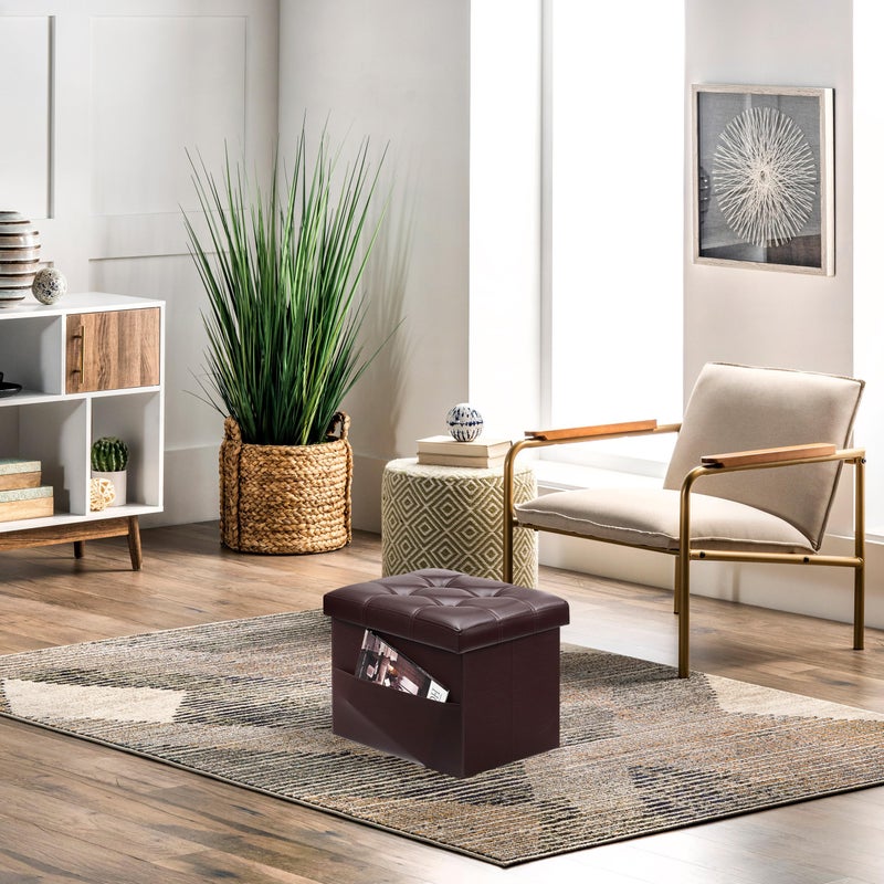 AmasSmile 2PC Storage Ottoman Folding Foot Rest Stool with Side Pocket, 16 inch Leather Footstool Bench, Short Ottoman Bench, Storage Foot Rest Store, Books, Brown - Image 3