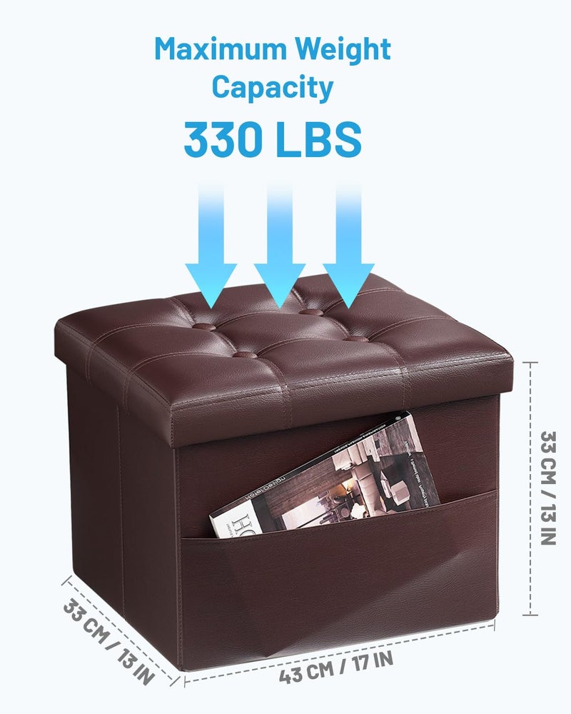 AmasSmile 2PC Storage Ottoman Folding Foot Rest Stool with Side Pocket, 16 inch Leather Footstool Bench, Short Ottoman Bench, Storage Foot Rest Store, Books, Brown - Image 5