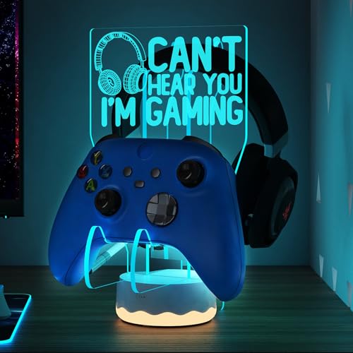 CoolGift Mart Light Up Headset and Controller Stand 16 Colors 3D LED Lights Gamepad Headphone Holder with Remote Control Game Controller Hanger for All Universal Gaming PC Accessories - Image 1