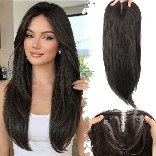 Eawwii Dark Brown Synthetic Hair Toppers for Women with Thinning 5x6 inch Large Base Coverage Clip in Wispy Bangs Upgraded Adjustable Bandage 24 Inch Long Layered - Image 1