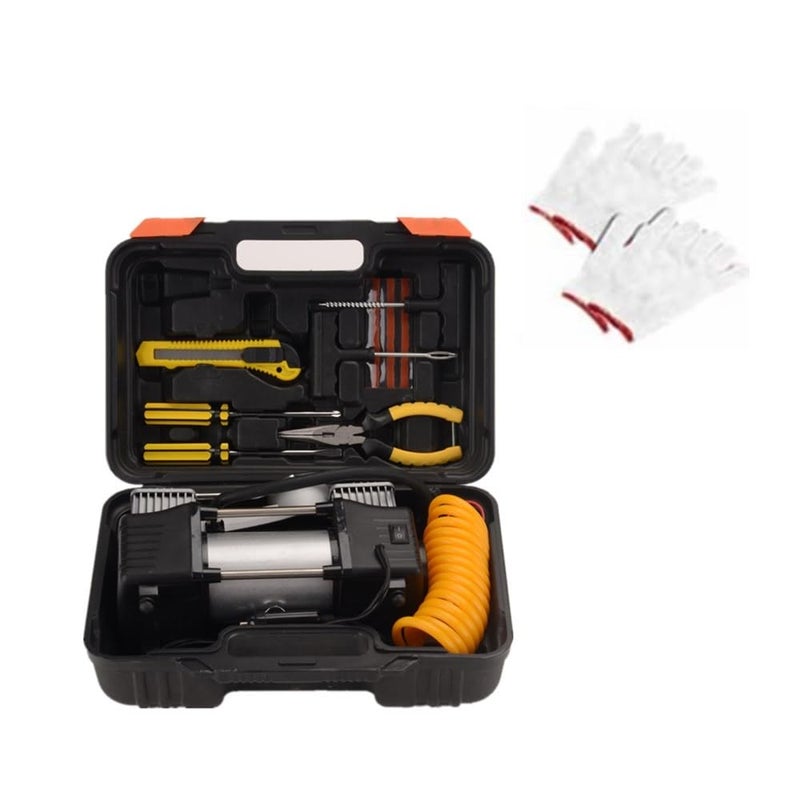 مجموعة مضخة الهواء المعدنية FLZOSPER 6 قطع 12 فولت مضخة إطارات ثقيلة مزدوجة الأسطوانات 150 PSI مع محول للسيارات والشاحنات وسيارات الدفع الرباعي والإطارات والسرير الهوائي وغيرها فضي