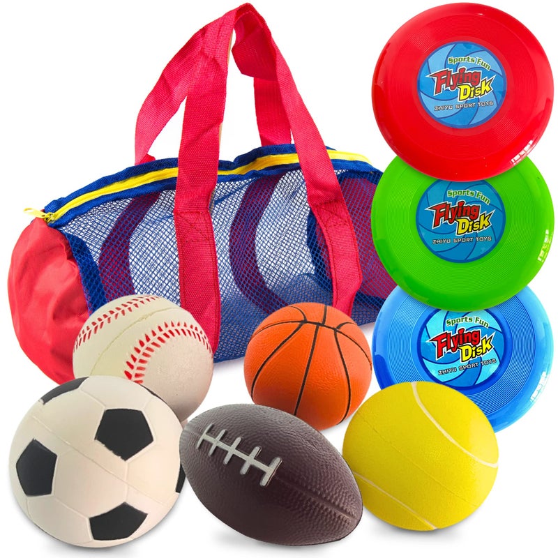Toysery Foam Sports Balls Toddler Toys Set with Carry Bag - Includes Football, Soccer Ball, Tennis Ball, Basketball, Baseball, Kickball, & 3 Fresbee Discs - Soft Balls for Kids and Toddlers Ages 1-3 - Image 1