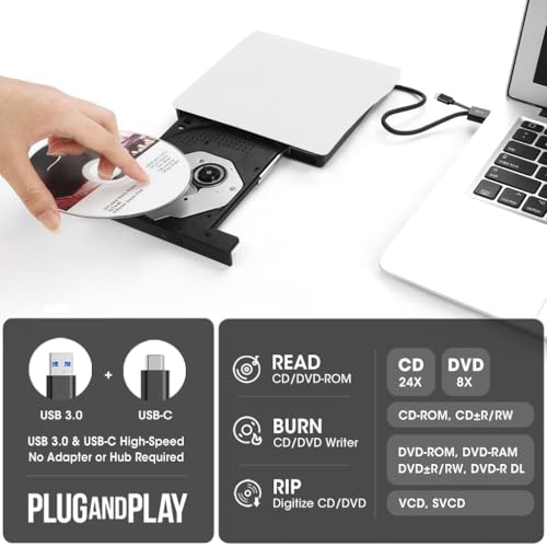ROOFULL External CD DVD Drive for Mac Laptop, USB 3.0 & USB-C Portable CD Reader Writer Burner DVD Player ROM+/-RW Disc Drive with Carrying Case for Apple MacBook Windows 11 PC Computer, White - Image 2